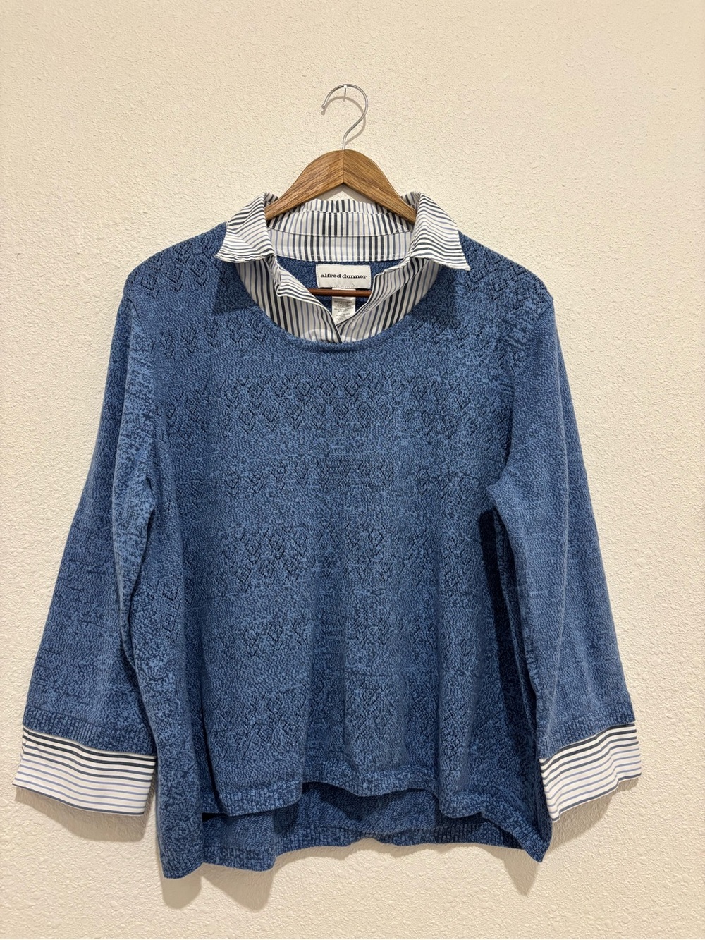 Alfred Dunner Denim-Blue Layered-Look Sweater Top with Striped Collar